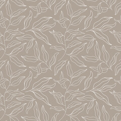 Fototapeta premium Outline Willow Tree Branch seamless pattern. Eucalyptus Leaves modern contour ornament. Line art Plant, Laurel Twig. Floral vector background, texture for textile print, scrapbooking, wrapping paper