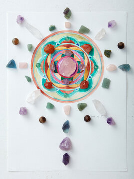 Mandala pattern, watercolor painting. with crystal