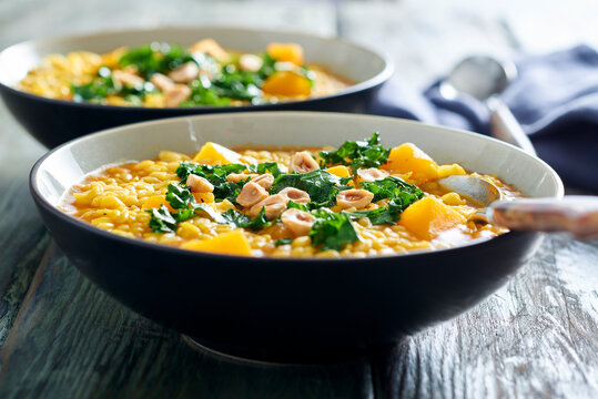 Squash Soup with Kale and Orzo