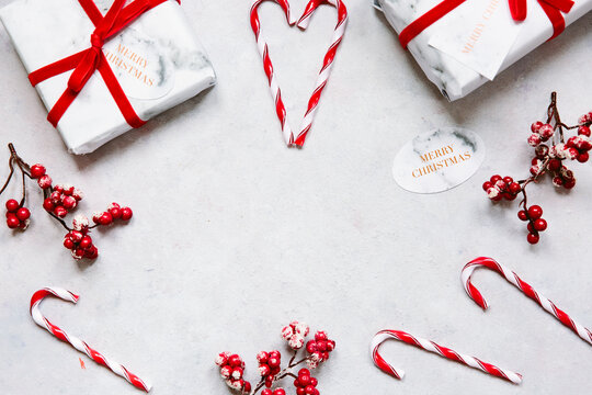 Christmas presents and decorations with copy space