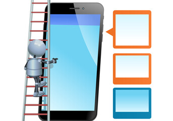 3d illustration of little robot on stair touching a giant smartphone
