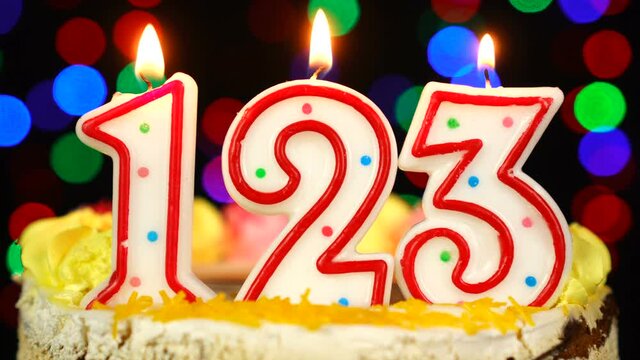 Number 123 Happy Birthday Cake With Burning Candles Topper.