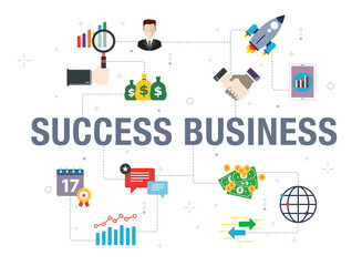 Success business concept with icon design in vector on white background. Vector icons of rocket, handshake, businessman, money, chart and report.