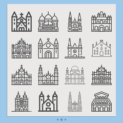 Simple set of church building related lineal icons.