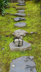 Closed Stone path in secluded green natural area marked by a rock in Japan, Asia