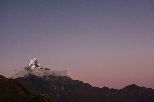 Mount Machhapuchchhre (6,993 m) also known as Mount Fishtail seen from High Camp on the Mardi Himal Trek.