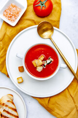 Fresh tomato soup. Top view, copy space
