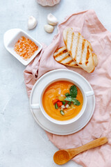 Cold tomato soup gazpacho in a bowl, Spanish traditional summer food.