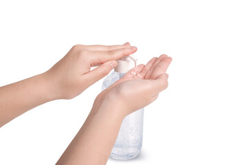 Disinfecting hand. Woman hand applying sanitizer gel dispenser or alcohol gel for prevent the spread of germs and antibacterial on white background.