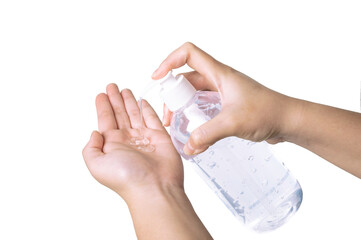 Hand with bottle Antibacterial Antiseptic gel on white background.