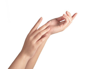 Woman hand  showing isolated on white background