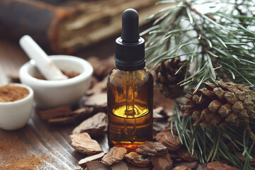 Dropper bottle of oil or tincture, pine bark, mortars of powdered pine bark and branches of pine...