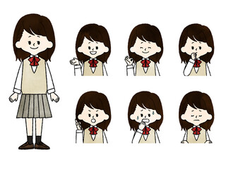 女子学生の表情セット-水彩