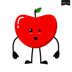 Cute smiling Apple Funny health and fitness illustration with Cartoon fruit character. Kawaii style. Vector card.
