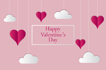 Valentines day holiday concept template with hanging paper hearts and clouds and space for text. Vector illustration in flat style