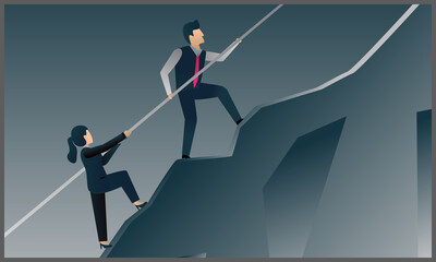 
vector illustration of two business man and woman climbing a mountain on a rope