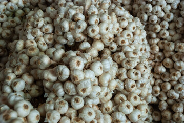 Massive bunch of spice garlic on display for sale in a public market