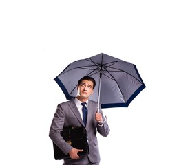 Businessman with umbrella isolated on white background