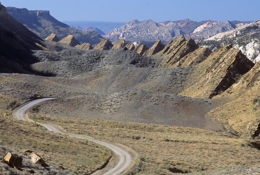 Hogback formations in southern Utah in winter. Photographed on Fuji Velvia film.