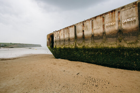 Remains of Mulberry Harbour at Arromanches, Normandy, France