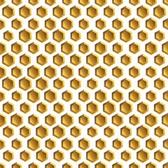 Golden background with honeycomb shapes. Seamless pattern with glitter effect. Template texture for invitation, poster, card, banner, announcements and others. Vector illustration.