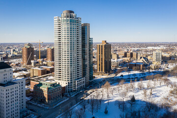 Fototapeta na wymiar Milwaukee, WI USA - February 09, 2021: Aerial view of the University Club condos and Juneau Park