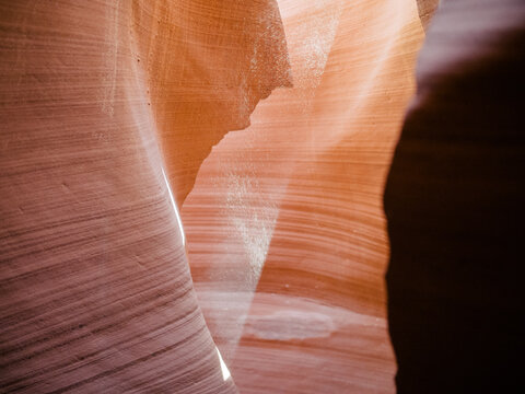 Ray of light in Antelope Canyon. Colorful stone.