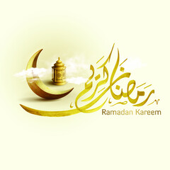 Ramadan Kareem islamic greeting template arabic calligraphy with crescent and lantern illustration for banner background design