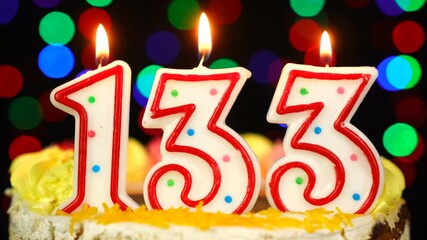 Number 133 Happy Birthday Cake With Burning Candles Topper.