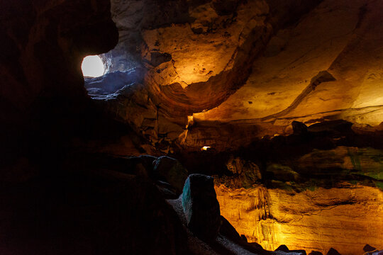Interior of Carlsbad Caverns looking up at entry point