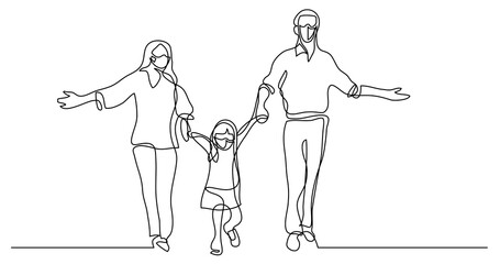 continuous line drawing of mother father and child wearing face masks