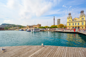 The boardwalk and Mediterranean sea and coast on a sunny summer day in Barcelona Spain