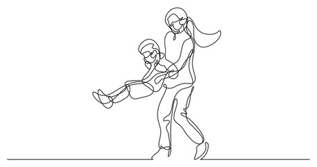 continuous line drawing of mother playing with son wearing face masks