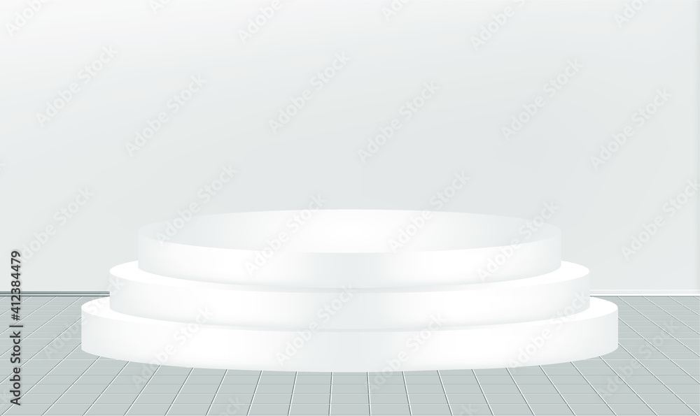 Poster podium realistic white 3d for product display. round empty stages and podium stairs vector 3d templa
