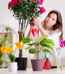 Young woman looking after plants at home