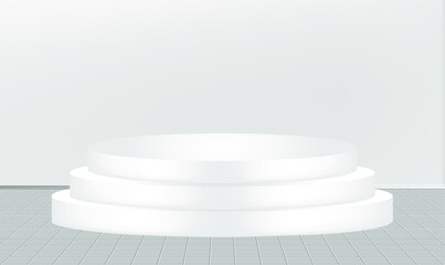Podium realistic white 3d for product display.
Round empty stages and podium stairs vector 3d template. Showroom shoot render. Banner background for advertise product. Vector EPS10