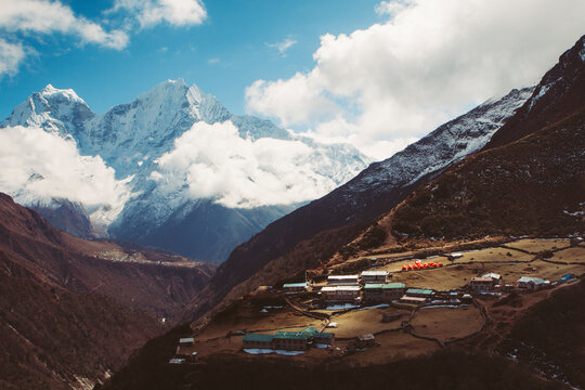The village of Dole on the Everest Region with Mt.Thamserku and Mt.Kangtega on the background.