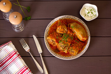 Cabbage rolls with meat, rice and vegetables. Chou farci, dolma, sarma, golubtsi or golabki. View from above, top view