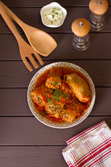 Cabbage rolls with meat, rice and vegetables. Chou farci, dolma, sarma, golubtsi or golabki. View from above, top view