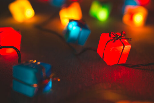 Gift-shaped Christmas lights macro