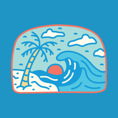 Beach sea summer holiday line badge patch pin graphic illustration vector art t-shirt design