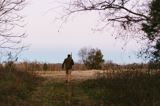 Person walking out of woods into field with gun while hunting in wild