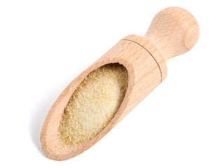 Gelatin Powder in Wooden Scoop (Gelatine). Isolated on White.