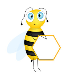 Cartoon cute bee mascot. Merry bee with an empty table. Small wasp. Vector character. Insect icon. Holiday template design for invitation, cards, wallpaper, school, kindergarten. Copy space.