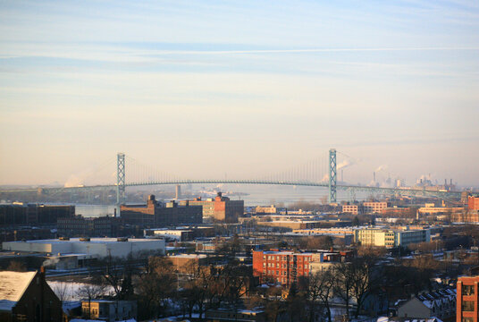 Winter In Detroit Looking Towards Canada And The Ambassador Bridge