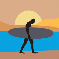 silhouette of a man with a surfboard walking wearily at sunset