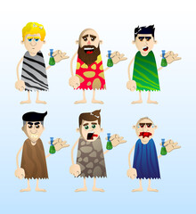 Cartoon prehistoric man holding a test tube. Vector illustration of a man from the stone age.