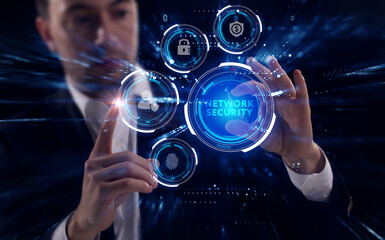 Business, Technology, Internet and network concept. Young businessman working on a virtual screen of the future and sees the inscription: Network security