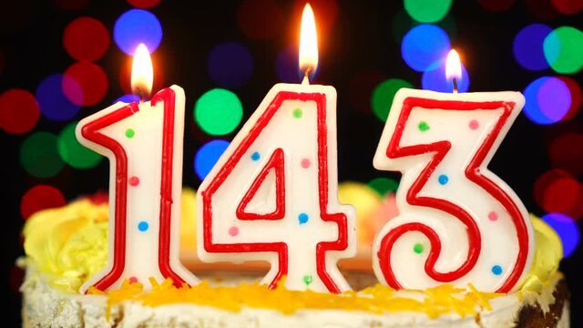 Number 143 Happy Birthday Cake With Burning Candles Topper.
