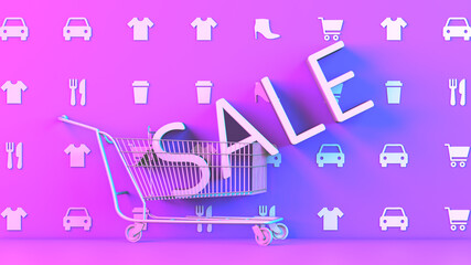 retail or online e-commerce promotion and advertisement on a colorful background of pink and blue - illustration rendering